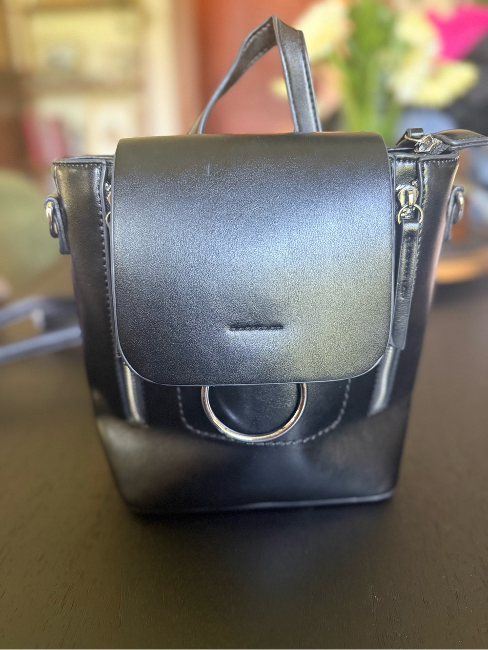 MMS Design Studio Black Mini Leatherette Backpack with Ring Detail